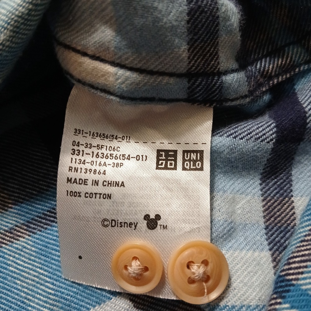 Uniqlo + Disney Men's Bue Cotton Plaid Mickey L/S Flannel Shirt Size L - Picture 4 of 8